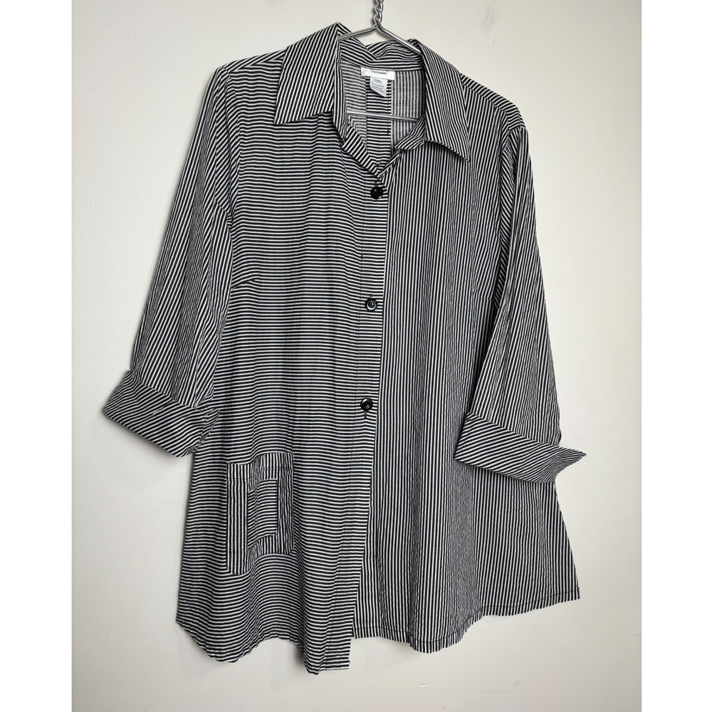 Dorman Womens Tunic Top L Black White Striped Cotton Button‎ Up Artsy 3/4 Sleeve